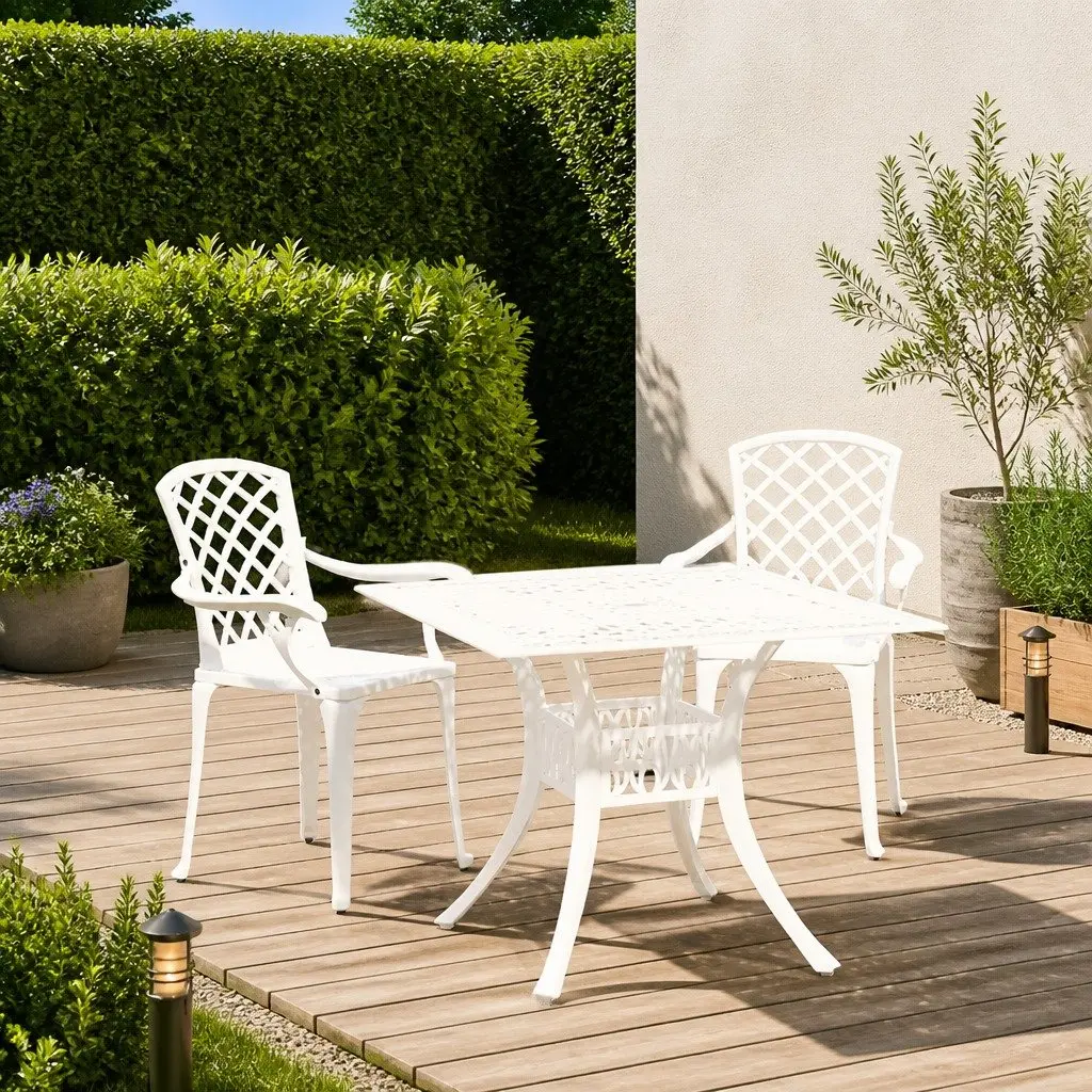 3 Piece Outdoor Bistro Set Cast Aluminium White Table with Umbrella Hole