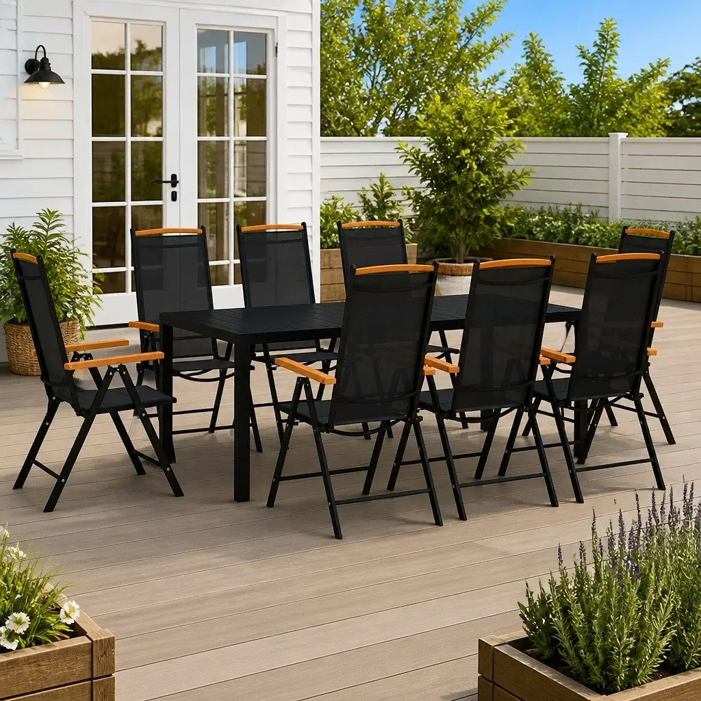 Aluminium Black Garden Dining Set with WPC Table and Textilene Chairs 9 Piece Outdoor Furniture