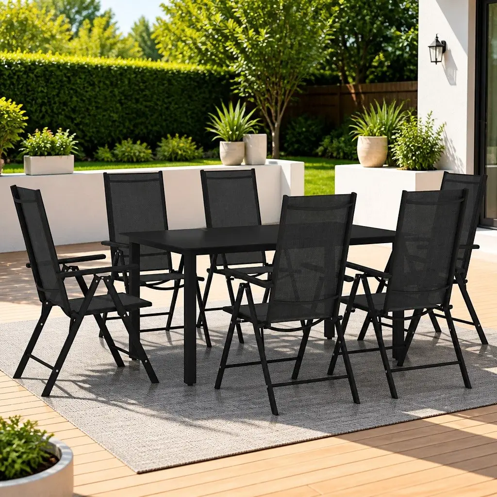 Garden Dining Set 7 Piece Outdoor Furniture Aluminium Frame Textilene Seats Glass Tabletop Black