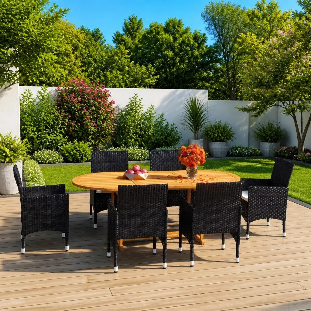 7 Piece Garden Dining Set Outdoor Acacia Wood Table with Steel Frame and PE Rattan Chairs