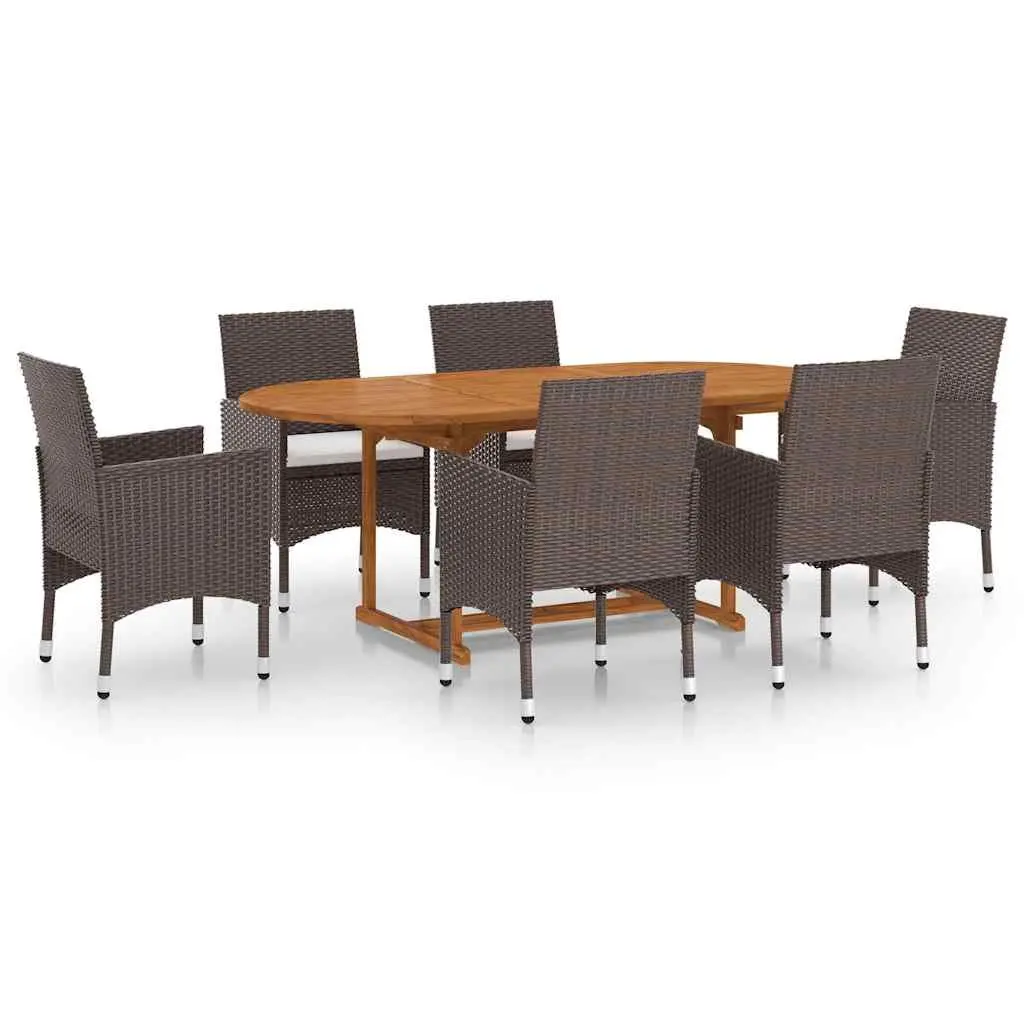 Outdoor Rattan Dining Set 7 Piece Including Brown Table and Chairs with Cushions