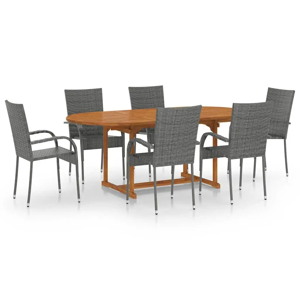 7 Piece Garden Dining Set Outdoor Table Chairs Solid Acacia Wood Weather Resistant Rattan Grey