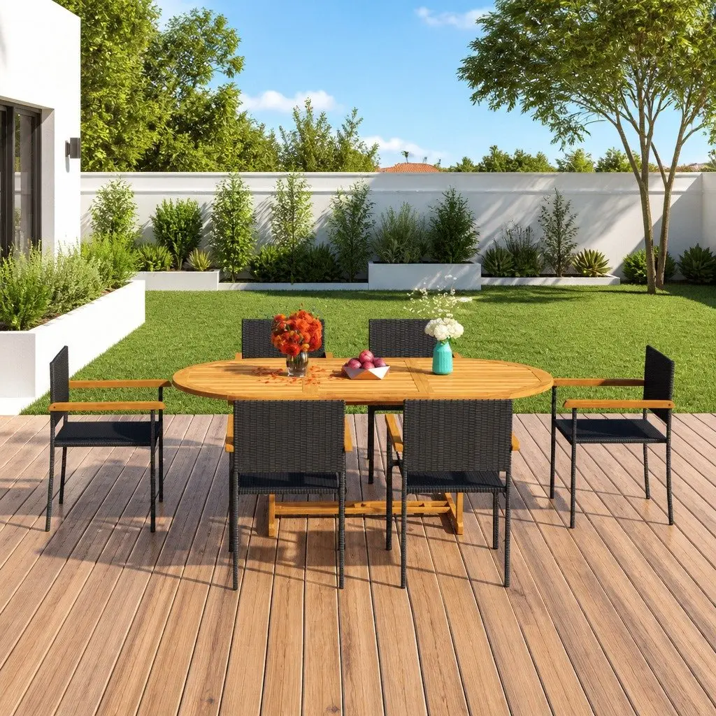 Garden Dining Set 7 Piece Black Rattan Chairs Solid Acacia Wood Table Outdoor Furniture