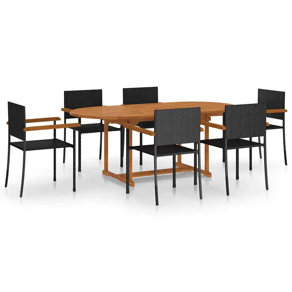 Garden Dining Set 7 Piece Black Rattan Chairs Solid Acacia Wood Table Outdoor Furniture
