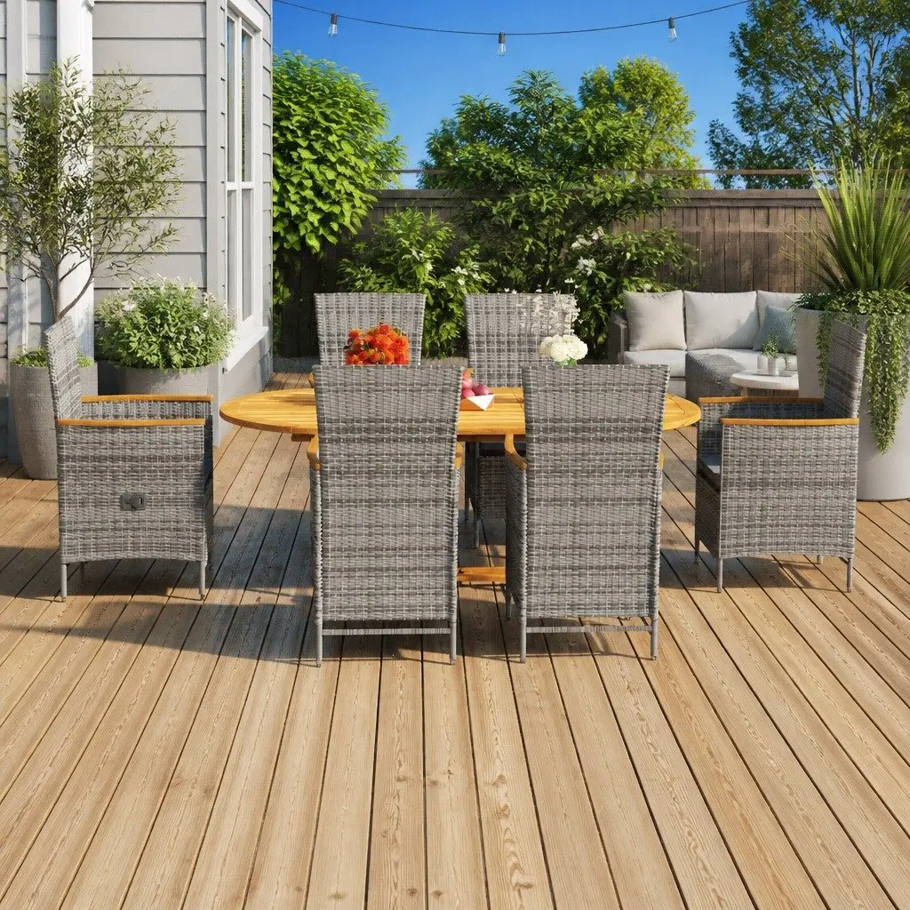 Garden Dining Set 7 Piece Outdoor Furniture Poly Rattan Steel Frame Acacia Wood