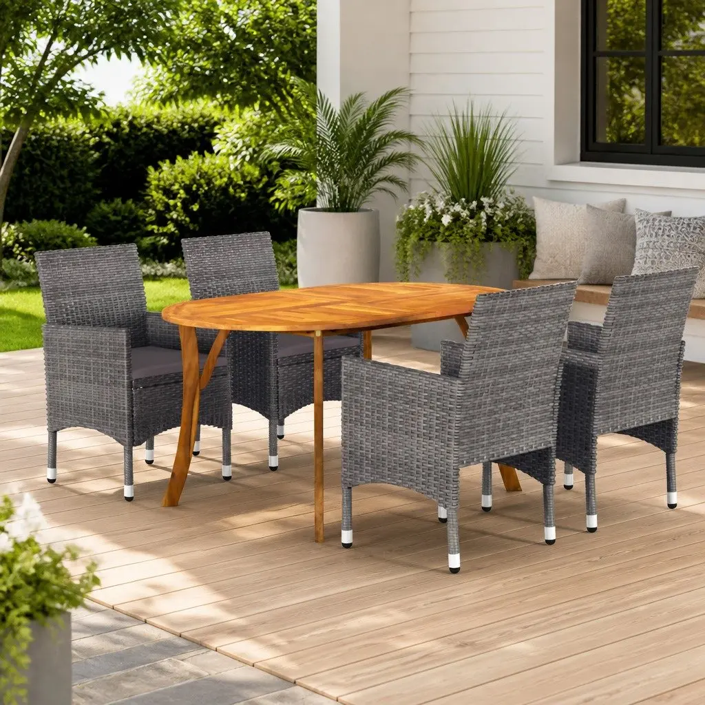 Outdoor Dining Set 5 Piece Grey Acacia Wood Table Rattan Chairs with Cushions