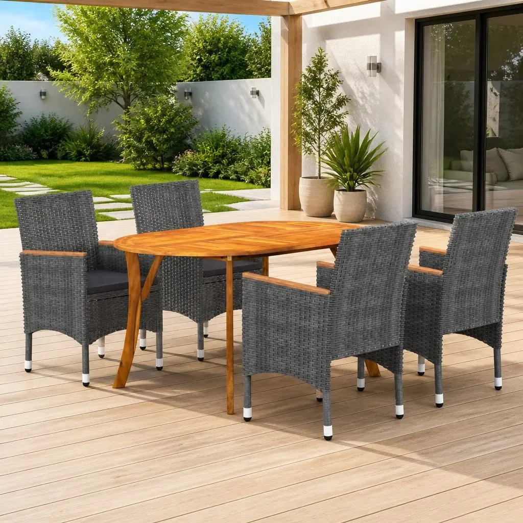 Garden Dining Set Grey Rattan Cushioned 5 Piece