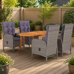 5 Piece Garden Dining Set Outdoor Table Chairs Grey Rattan Steel Frame Acacia