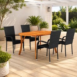 Garden Dining Set 5 Piece Outdoor Table Chairs Black Acacia Wood PE Rattan