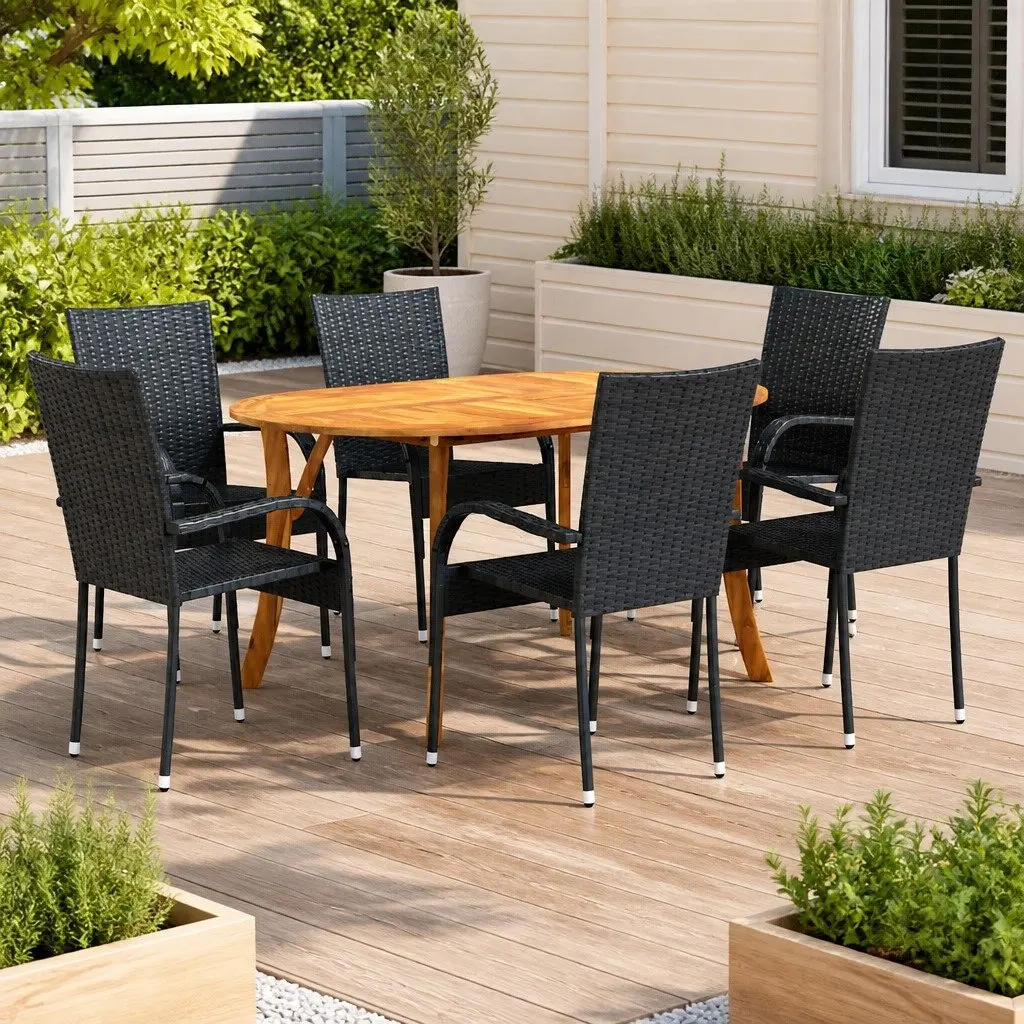 7 Piece Outdoor Garden Dining Set Acacia Wood Table with Black Rattan Chairs