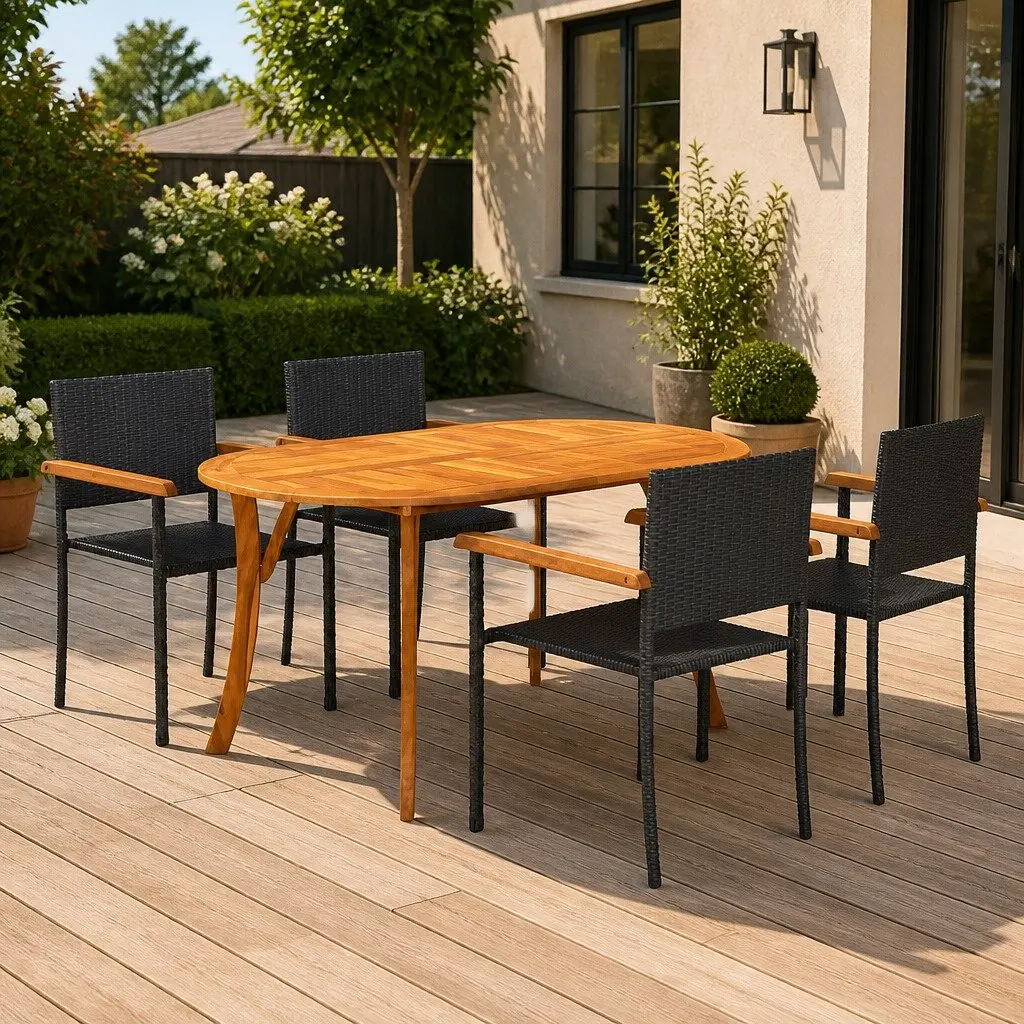Outdoor Dining Set Black Acacia Wood Weather Resistant PE Rattan 5 Piece