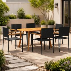7 Piece Garden Dining Set Outdoor Table Chairs Black Acacia Wood PE Rattan