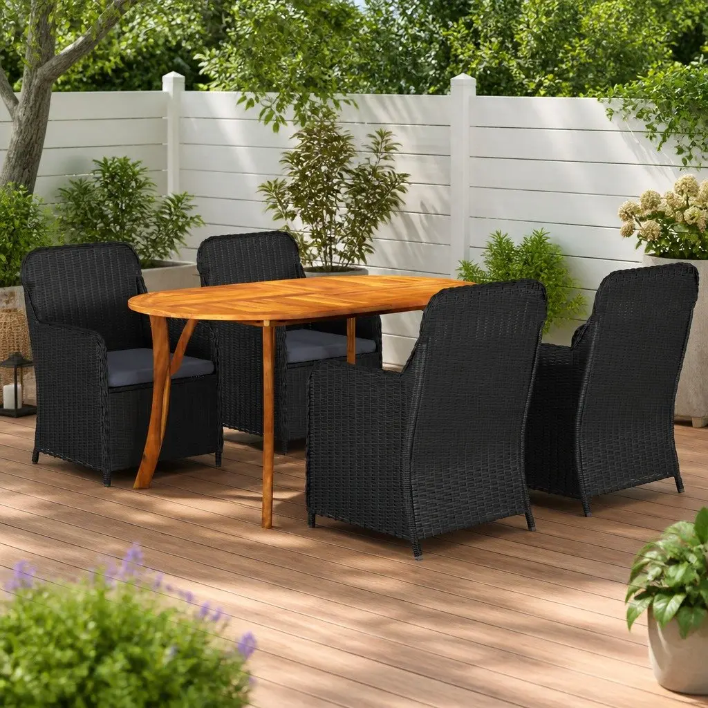 Outdoor Dining Set 5 Piece Black Acacia Wood Table with Weather Resistant Rattan Chairs and Cushions
