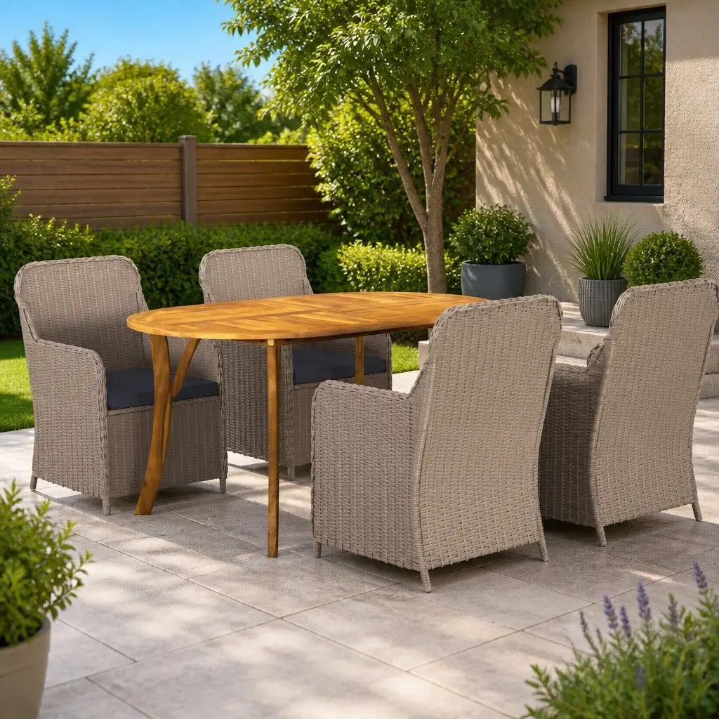 5 Piece Garden Dining Set Outdoor Acacia Wood Table Steel Frame Rattan Chairs Brown