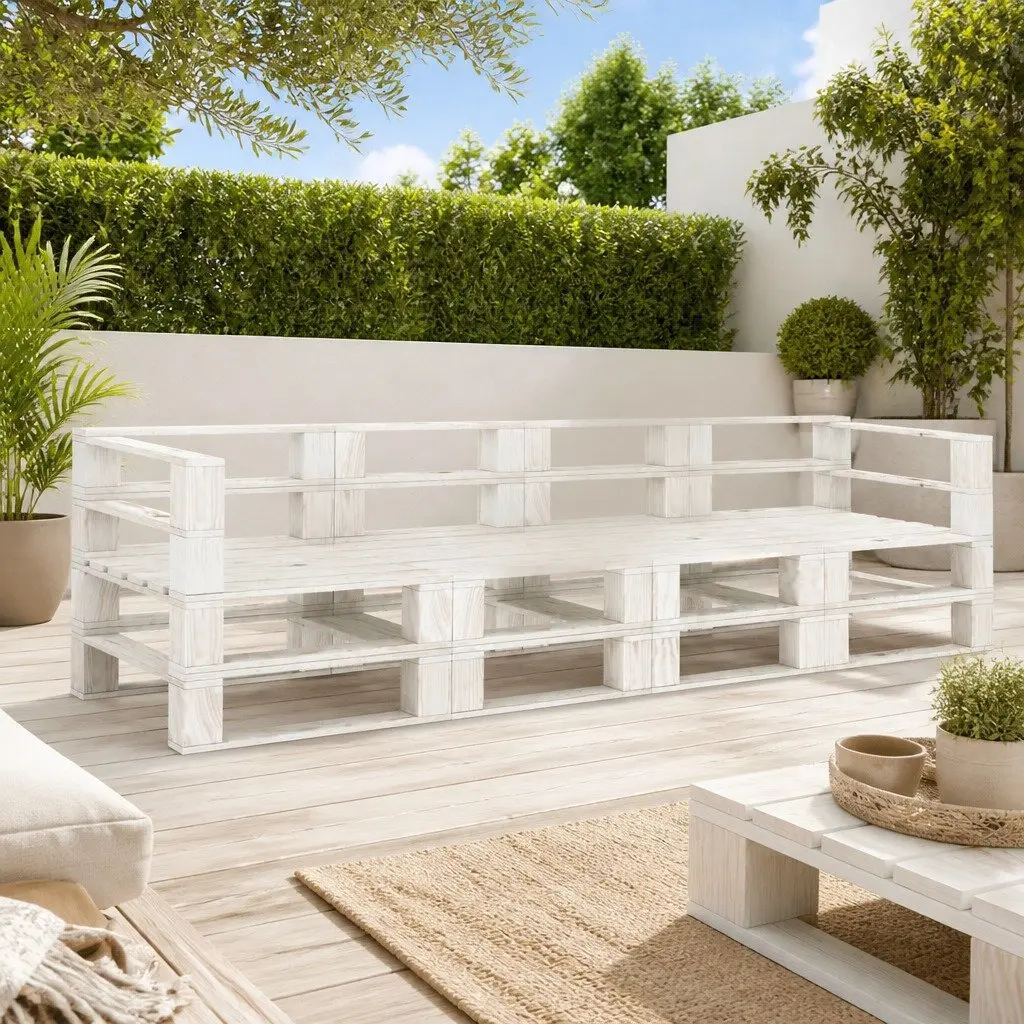 Garden Pallet Sofa Rustic White Wood 4-Seater Outdoor Patio Couch