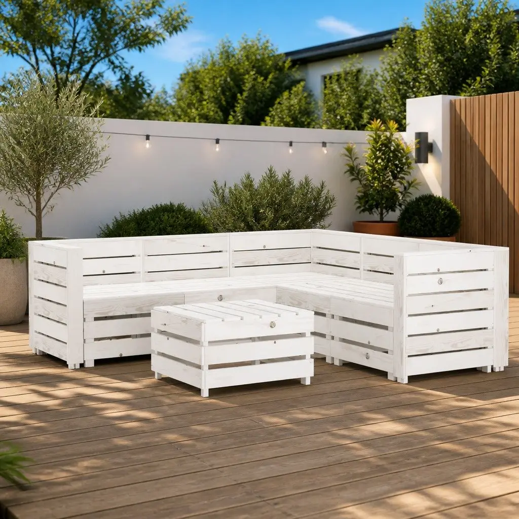 Garden Lounge Set 6 Piece Pallet Furniture White Outdoor Patio Sofa Coffee Table