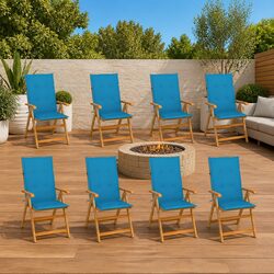 Outdoor Reclining Garden Chairs with Blue Cushions 8 Pieces Teak Wood Folding