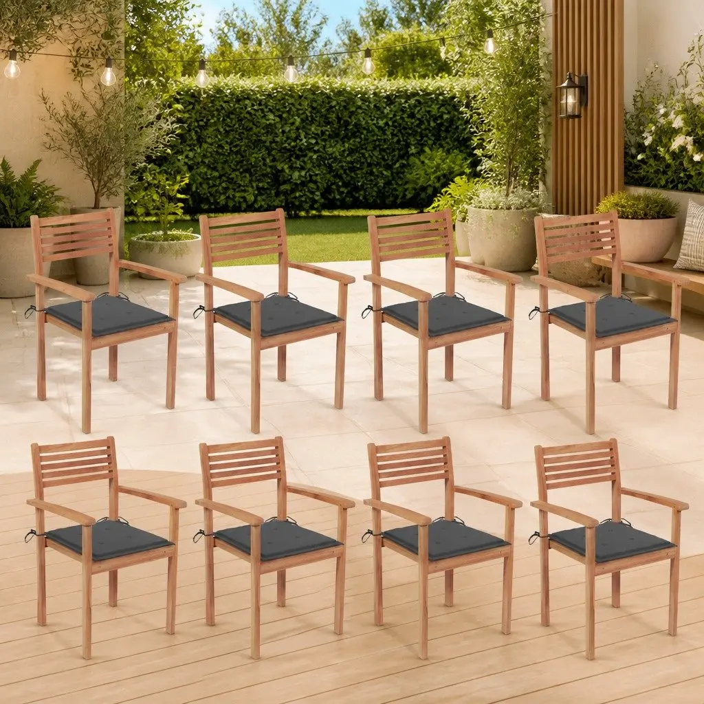 Stackable Outdoor Dining Chairs with Cushions Solid Teak Wood 8 Piece Set