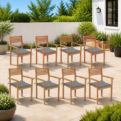 Outdoor Stackable Garden Chairs with Cushions 8 Piece Set Teak Wood Grey