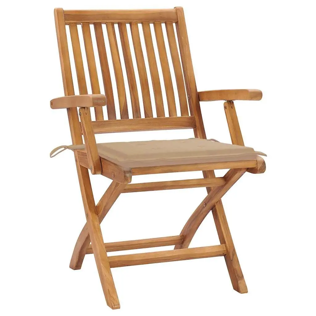 Folding Garden Chairs Set 4 Pcs Outdoor Seating with Cushions Teak Wood Beige