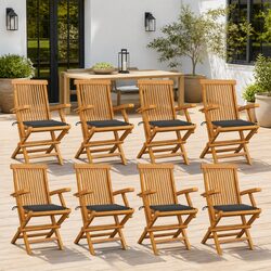 Outdoor Chairs Set: 8 Teak Wood Folding with Cushions
