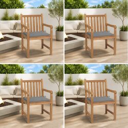 Outdoor Garden Chairs 4 Piece Set with Grey Cushions Teak Wood Patio Seating