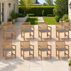 Outdoor Dining Chairs Set 8 Pcs with Grey Cushions Garden Patio Seating Teak