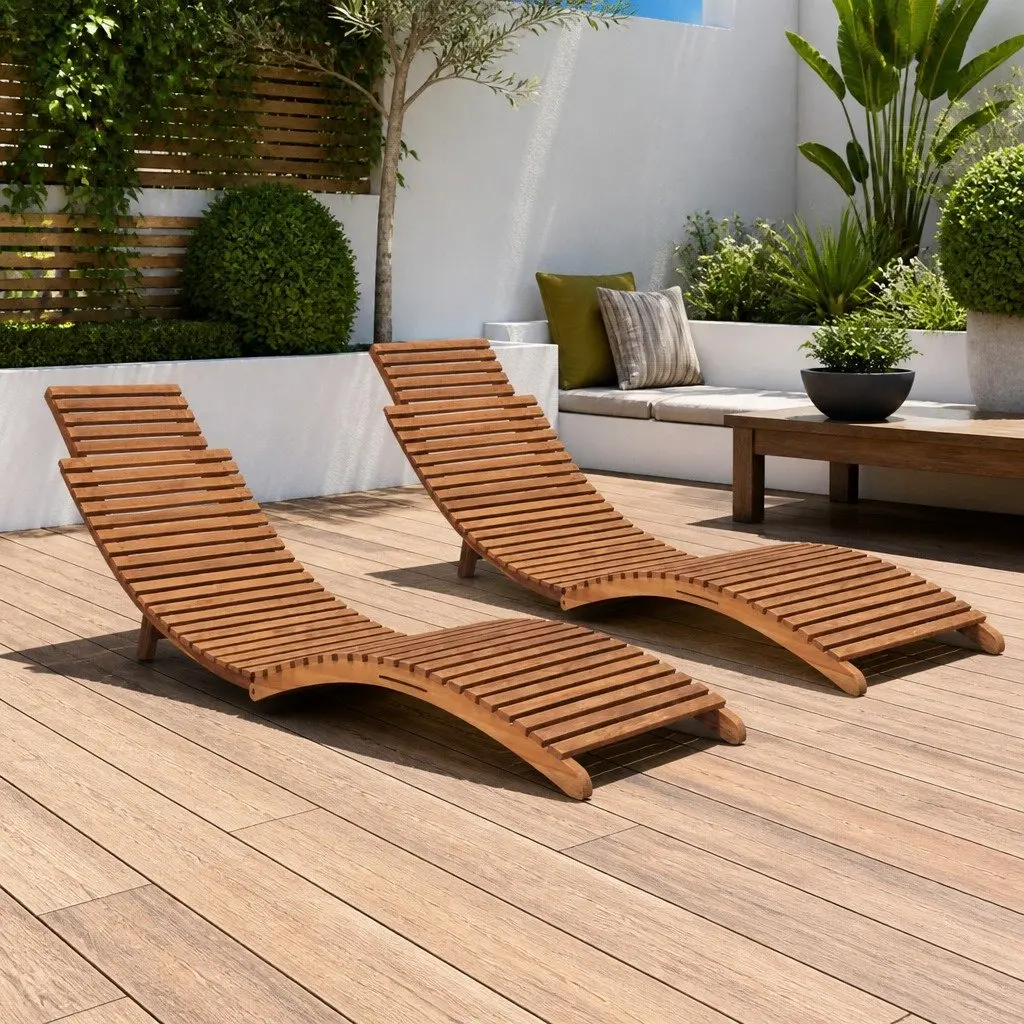 Folding Sun Lounger Adjustable Backrest Solid Teak Wood Outdoor Garden Patio Chair