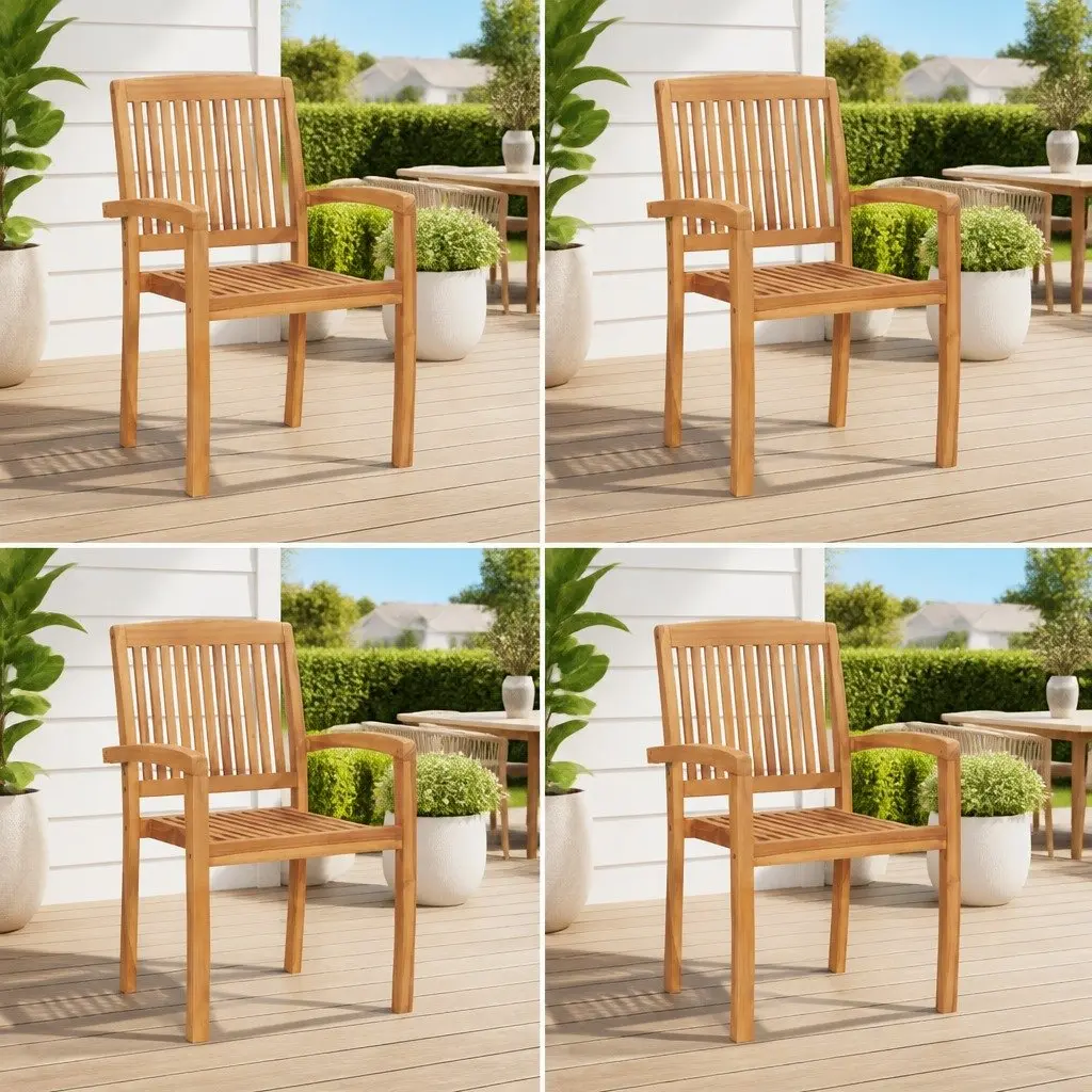 Outdoor Stacking Garden Chairs 4 pcs Teak Wood Dining Seat Patio Furniture