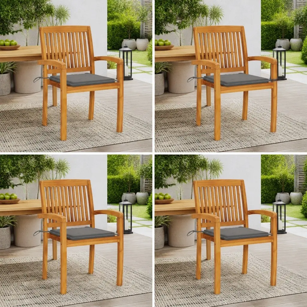 Stacking Garden Chairs with Cushions Teak Wood Grey 4 Piece Set