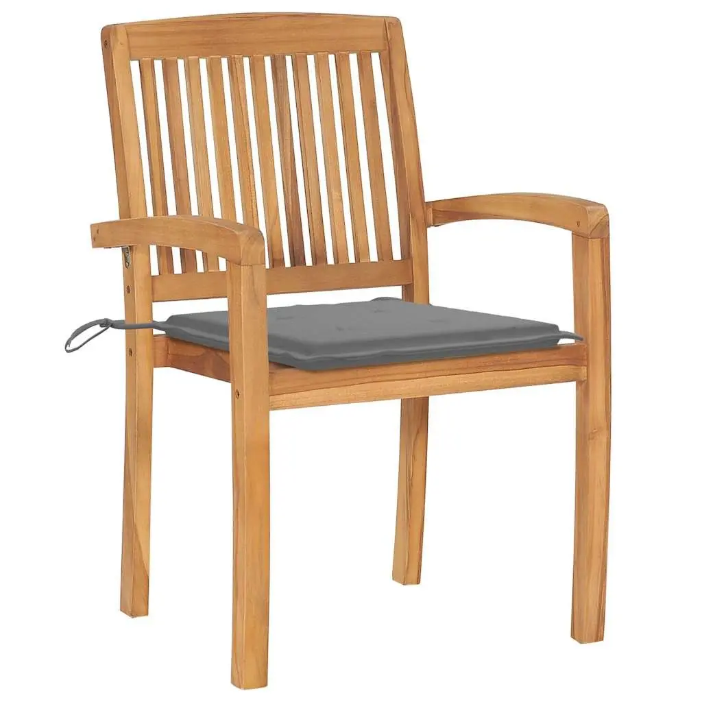 Stacking Garden Chairs with Cushions Teak Wood Grey 4 Piece Set
