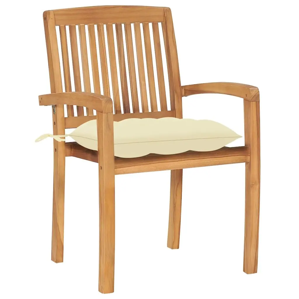 Outdoor Stacking Garden Chairs Set 4 pcs with Cushions Solid Teak Wood White