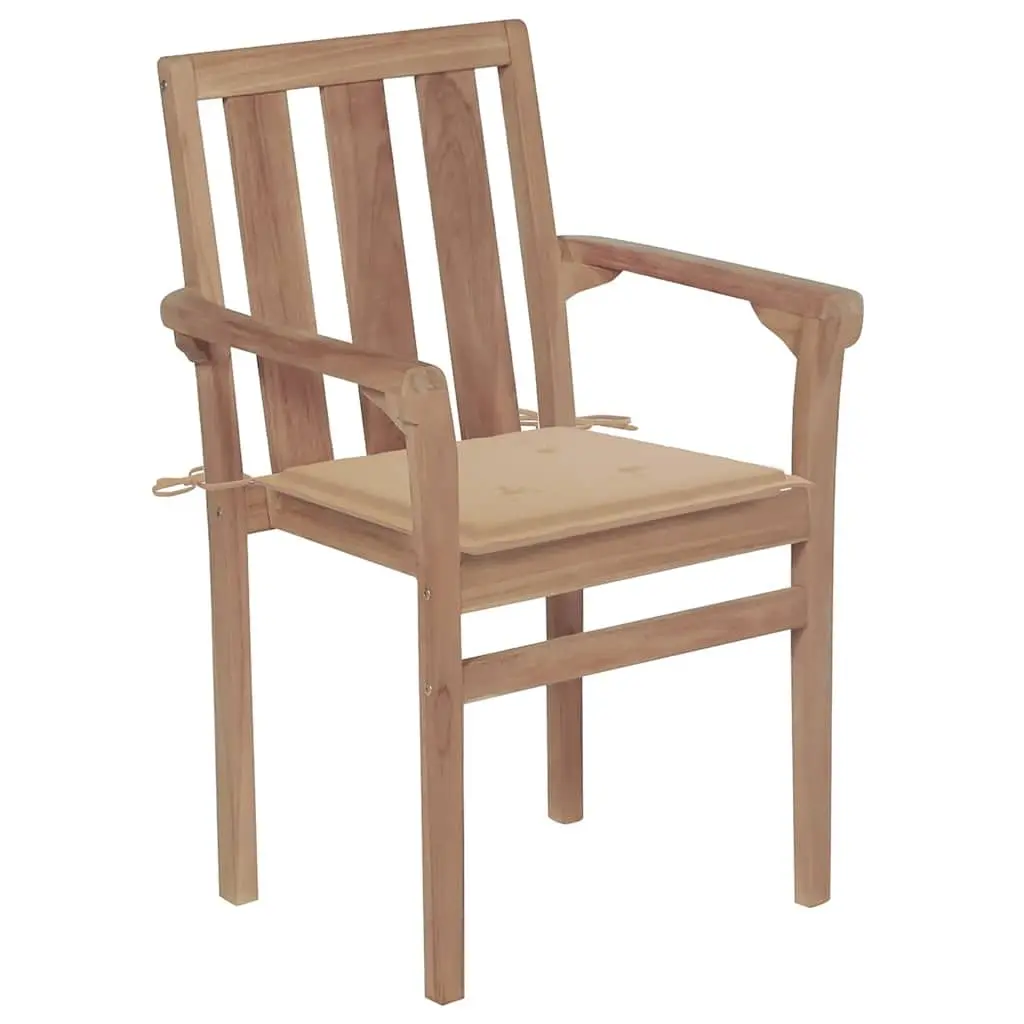 Stackable Outdoor Garden Chairs Set 4 pcs Teak Wood with Beige Cushions Patio