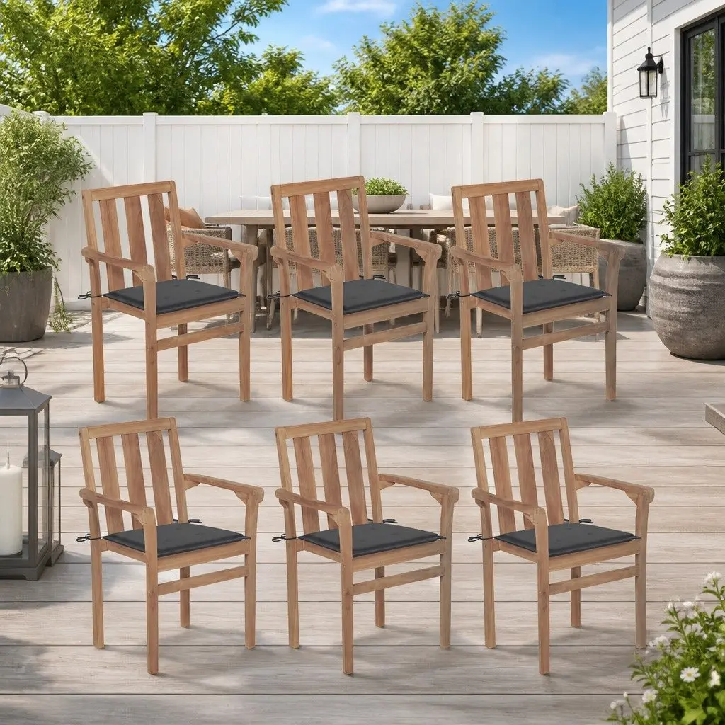 Outdoor Stackable Garden Chairs Set 6 Teak Wood with Cushions