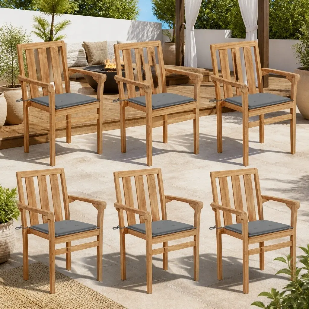 Outdoor Stackable Garden Chairs Teak Wood with Grey Cushions 6 Piece