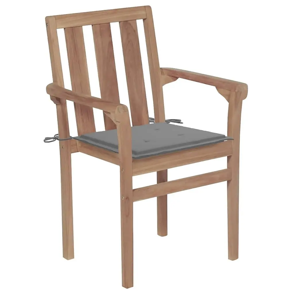 Outdoor Stackable Garden Chairs Teak Wood with Grey Cushions 6 Piece