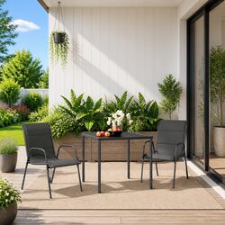 3 Piece Outdoor Dining Set Steel Frame Anthracite Garden Furniture Stackable