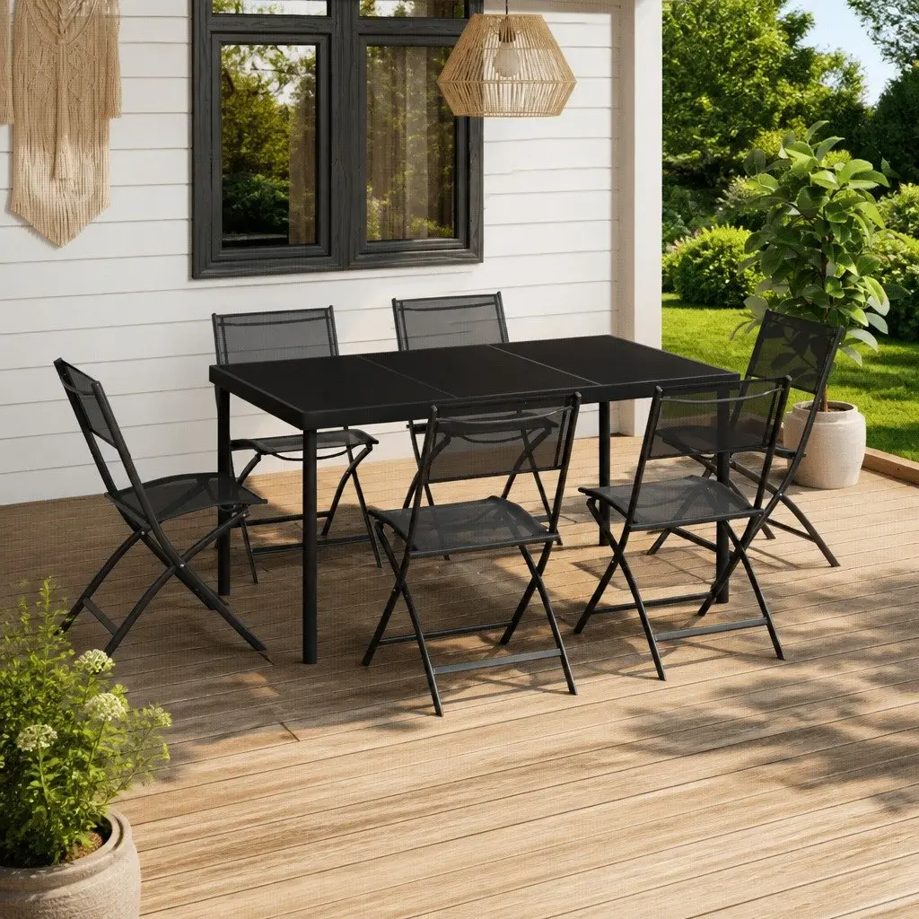 7 Piece Outdoor Dining Set Powder-Coated Steel Frame Textilene Fabric Chairs Table