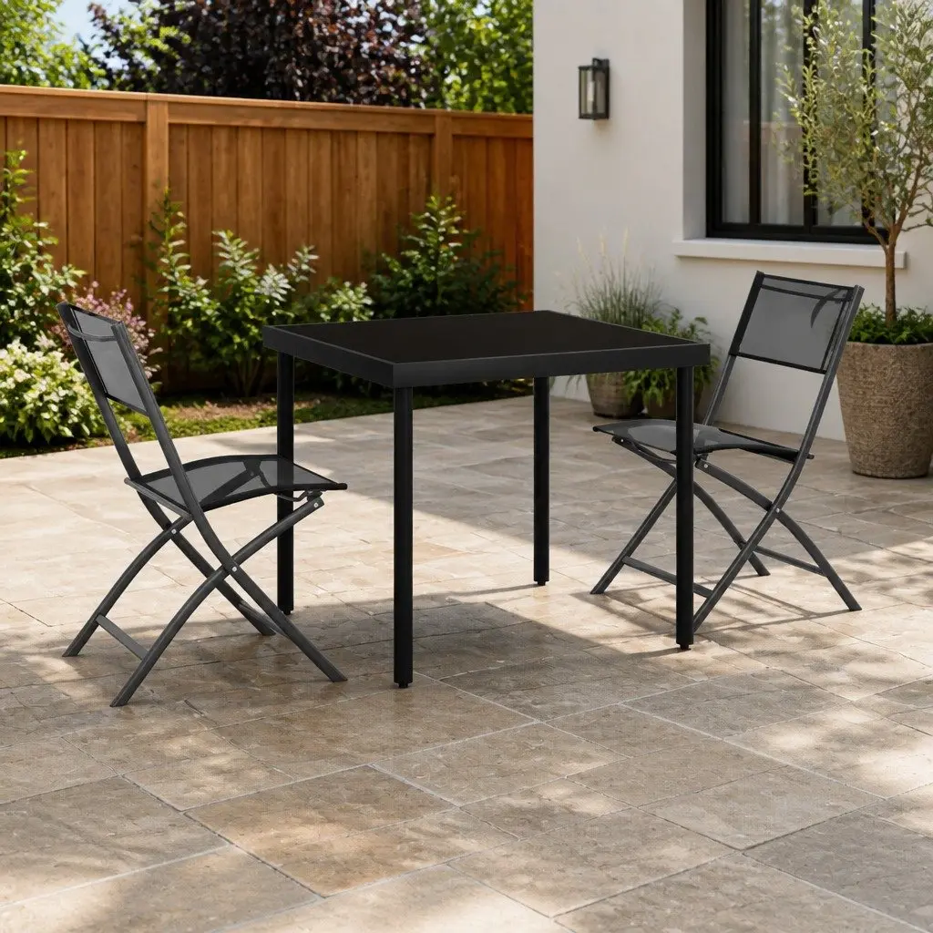 3 Piece Outdoor Dining Set Foldable Chairs Steel Frame Garden Patio Furniture