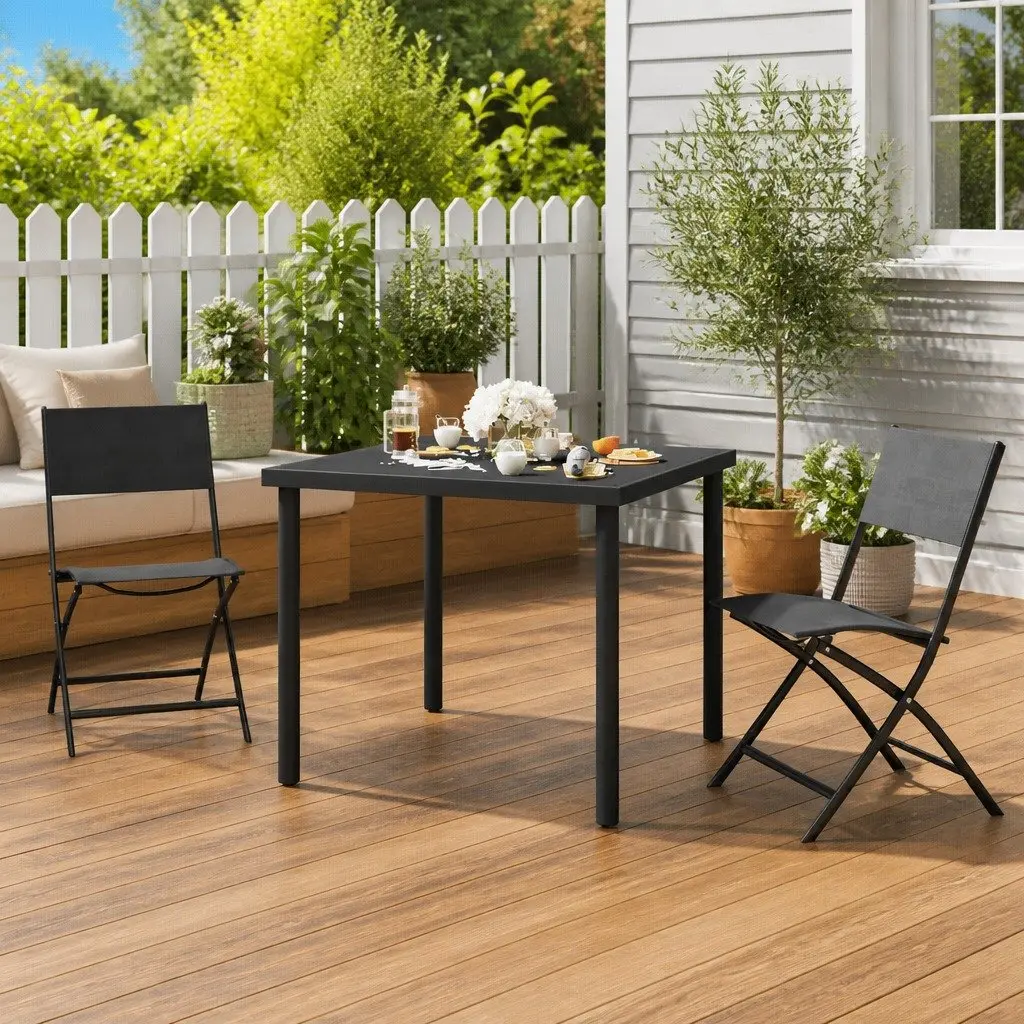 3 Piece Outdoor Dining Set Steel Frame Stackable Chairs Garden Furniture Black