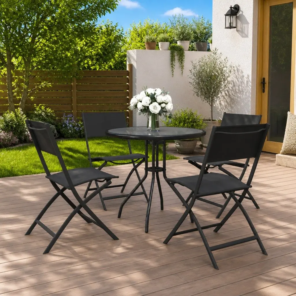 Outdoor Dining Set Stackable Chairs Steel Frame Black 5 Piece