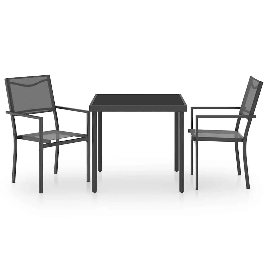 Garden Furniture Set 3 Piece Black Steel Frame Table and Chairs Outdoor Dining