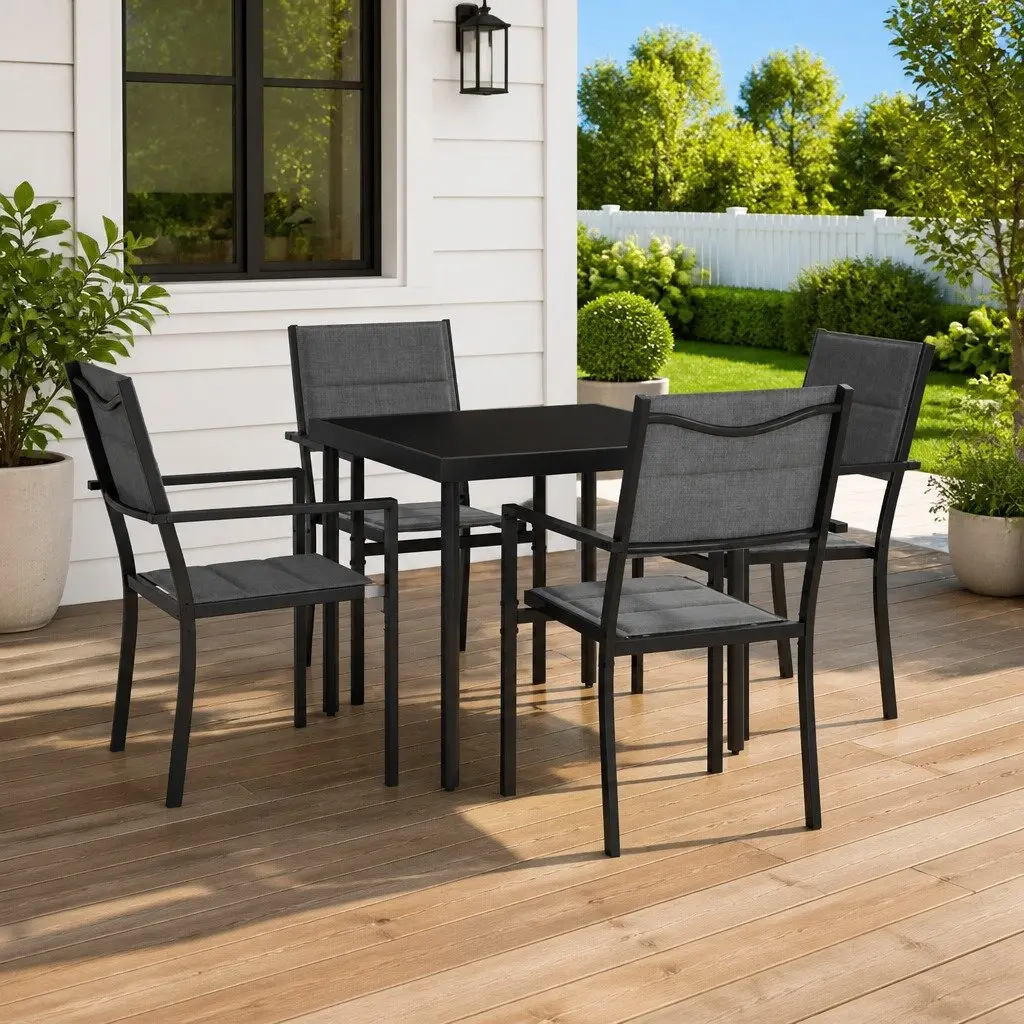 Outdoor Dining Set Black Steel Frame 5 Piece Garden Furniture with Table and Stackable Chairs
