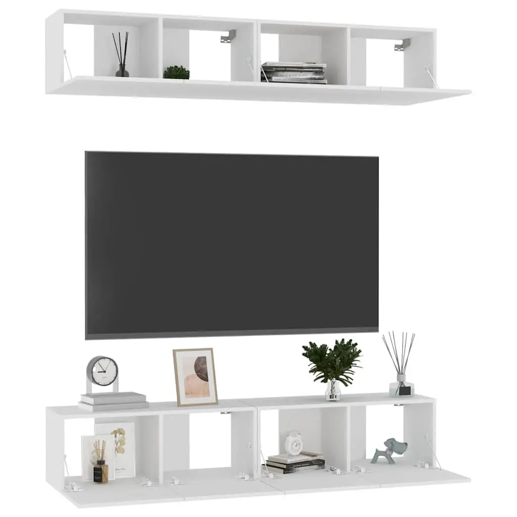 Wall Mounted TV Cabinet Set White Engineered Wood 4 Piece
