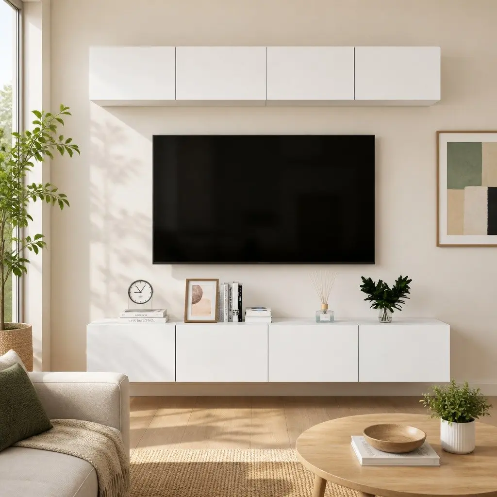 White TV Cabinet Set Wall Mounted Storage Unit 4 Pieces Engineered Wood