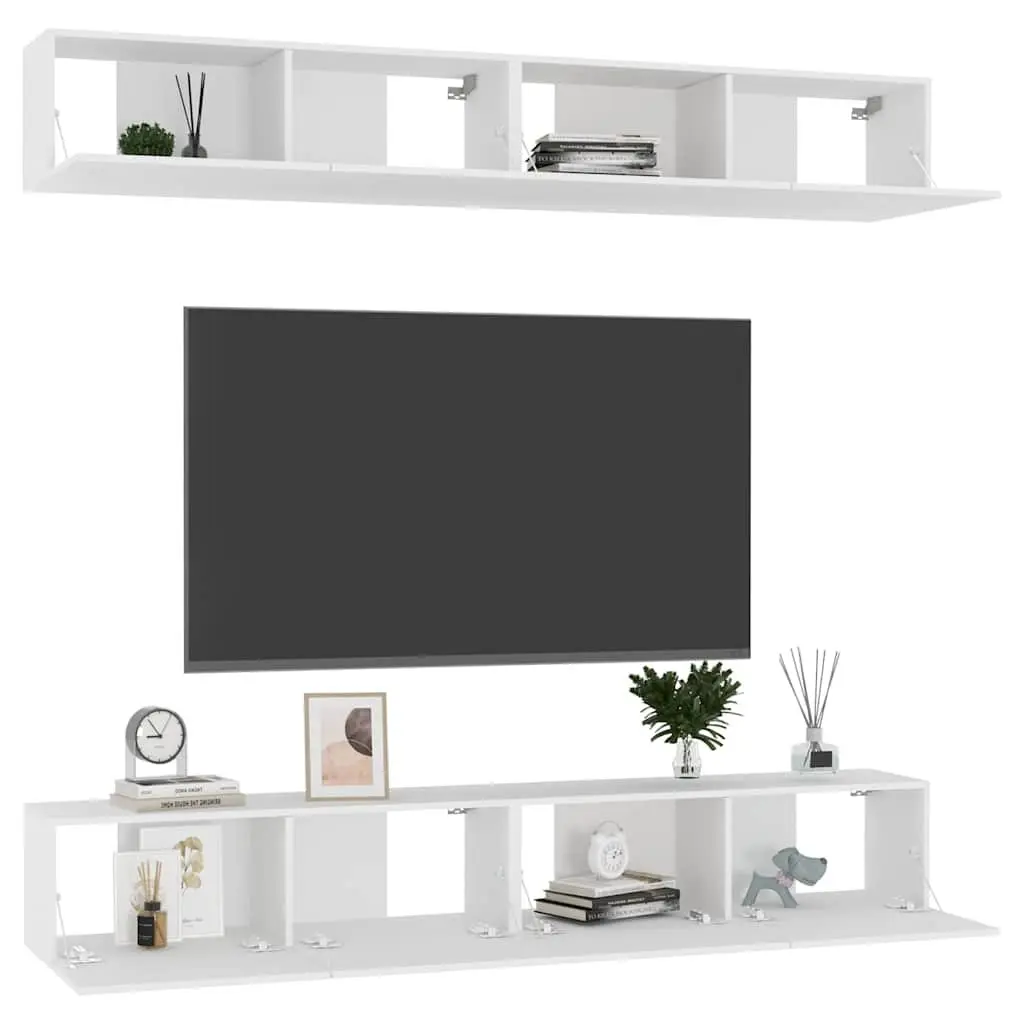 White TV Cabinet Set Wall Mounted Storage Unit 4 Pieces Engineered Wood