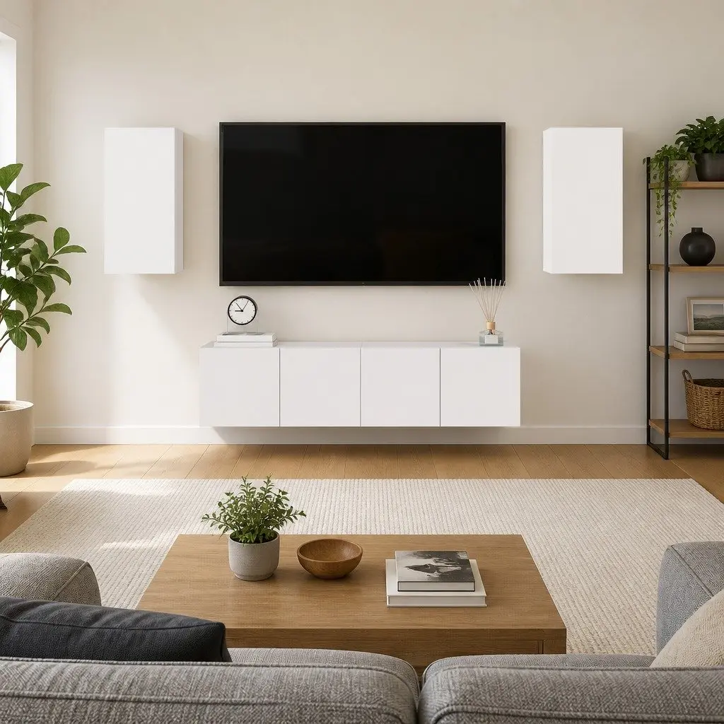 White TV Cabinet Set 4 Pieces Wall Mounted Storage Unit Shelves Books DVDs