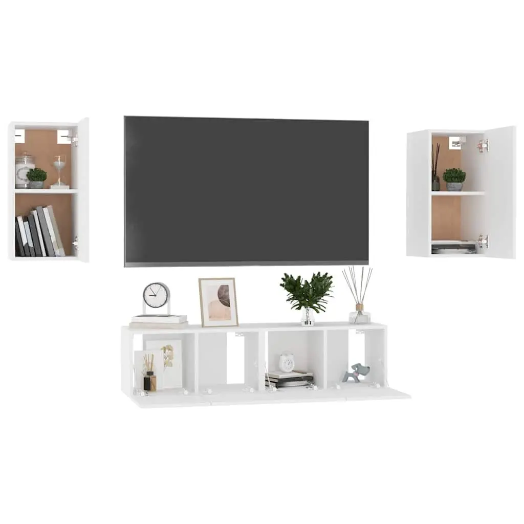 White TV Cabinet Set 4 Pieces Wall Mounted Storage Unit Shelves Books DVDs