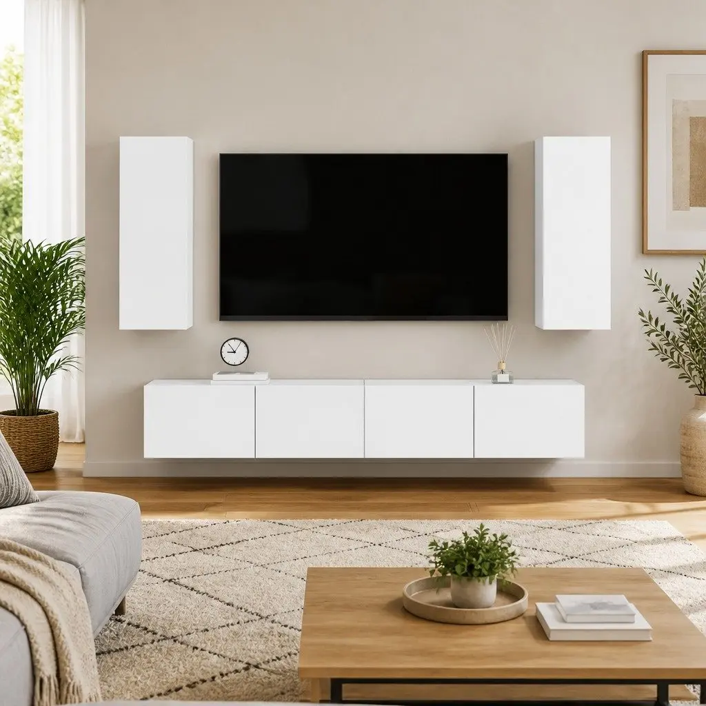 TV Cabinet Set Wall Mounted White 4 Piece Storage Unit Living Room Furniture