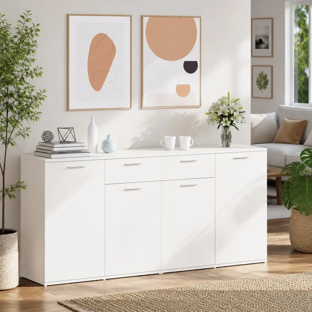Sideboard White Modern Engineered Wood 160x36x75 cm Storage Cabinet